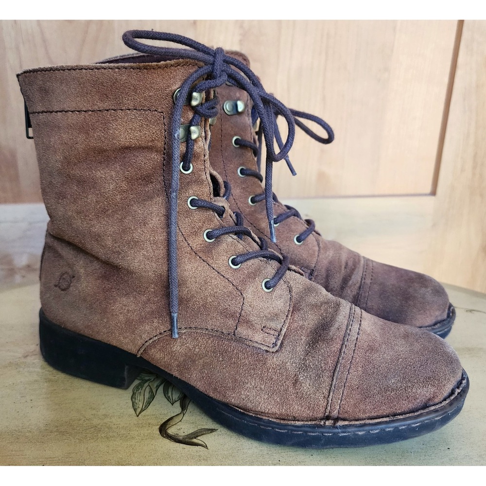 Born Sz 9M Brown Leather Suede Lace Up Back Zip Combat Ankle Boots Biker Moto - Picture 1 of 9